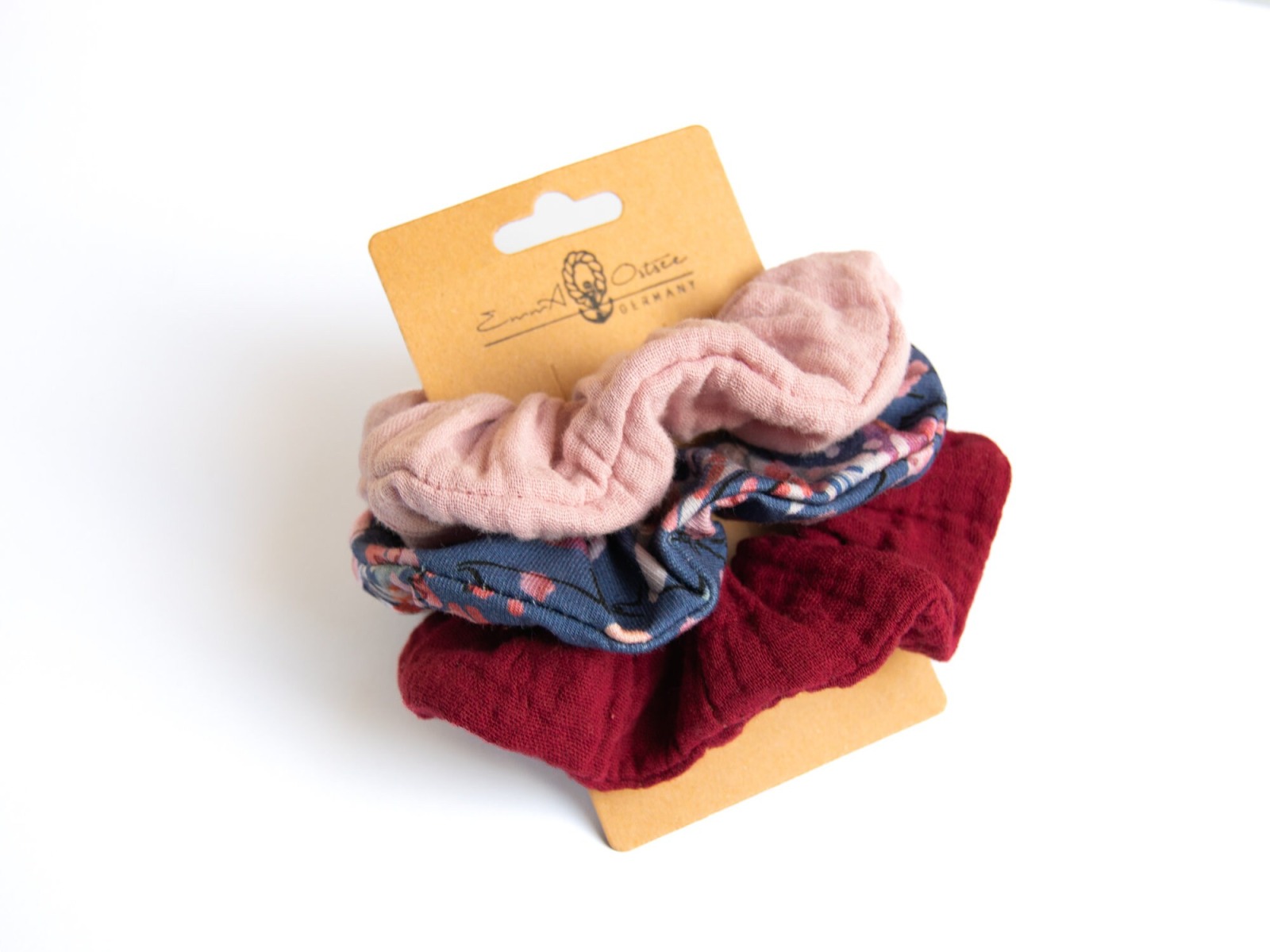 Scrunchie 3er Set aus Musselin und Jersey, bordeaux blau rosa watercolor 2