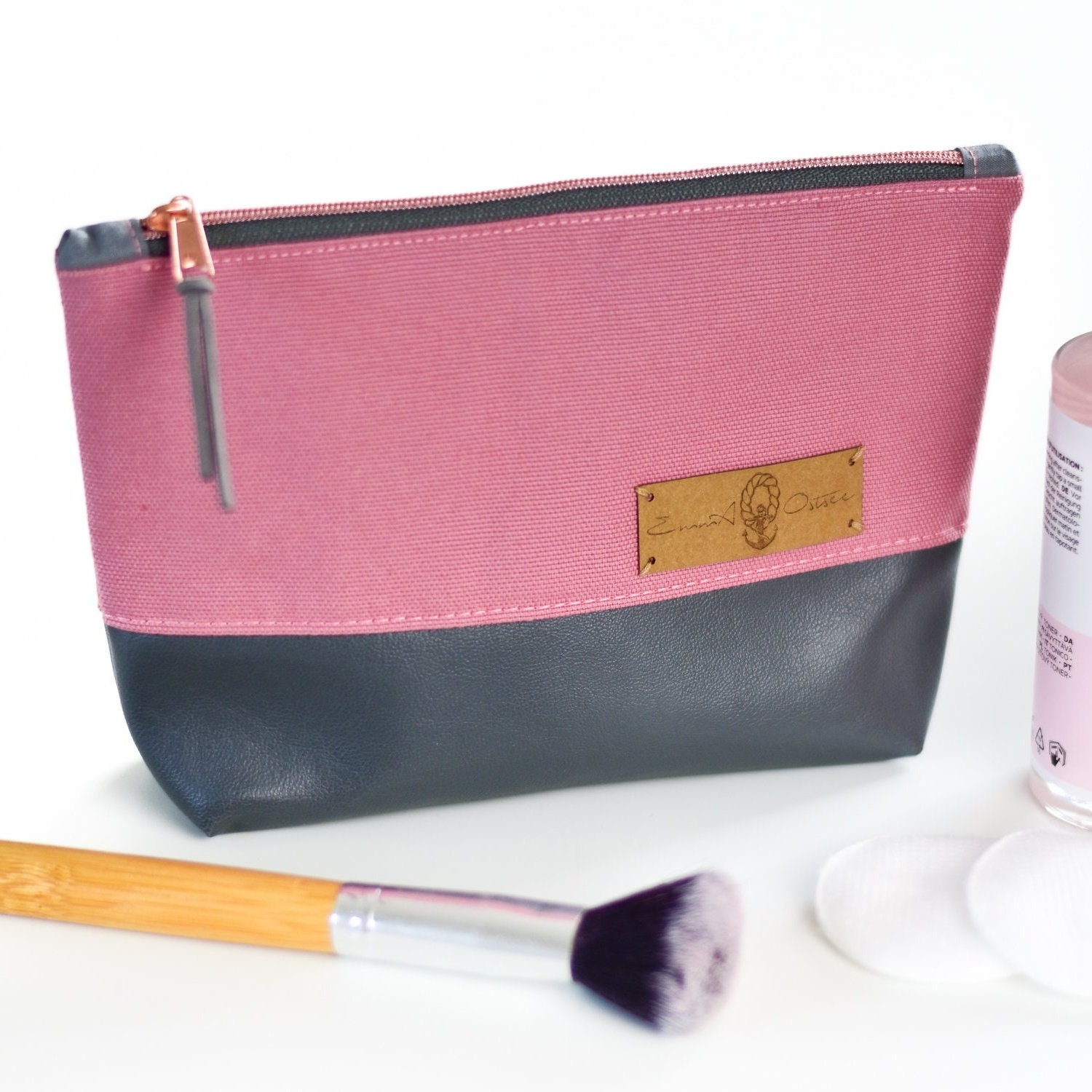 Kosmetiktasche Kunstleder // Schminktasche Damen Canvas // grau und pink colorblocking // Necessaire