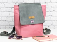 Rucksack Damen // Rucksack Tasche, Kunstleder grau, Canvas pink