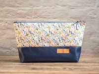 Kulturtasche, Waschtasche Leder vegan, Mille Fleurs blau 2