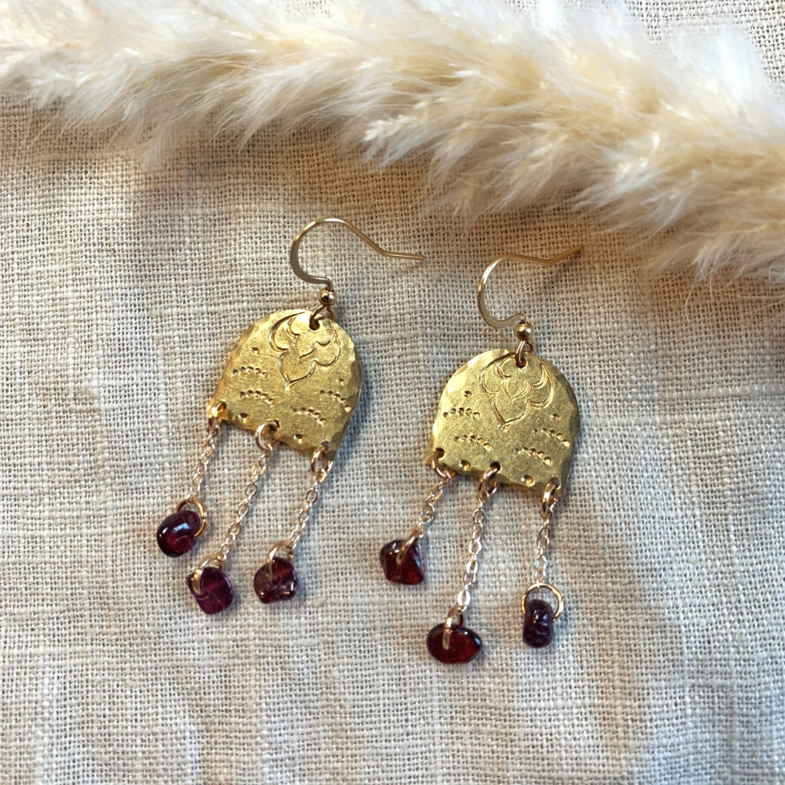 Hand-stamped earrings with garnet 3