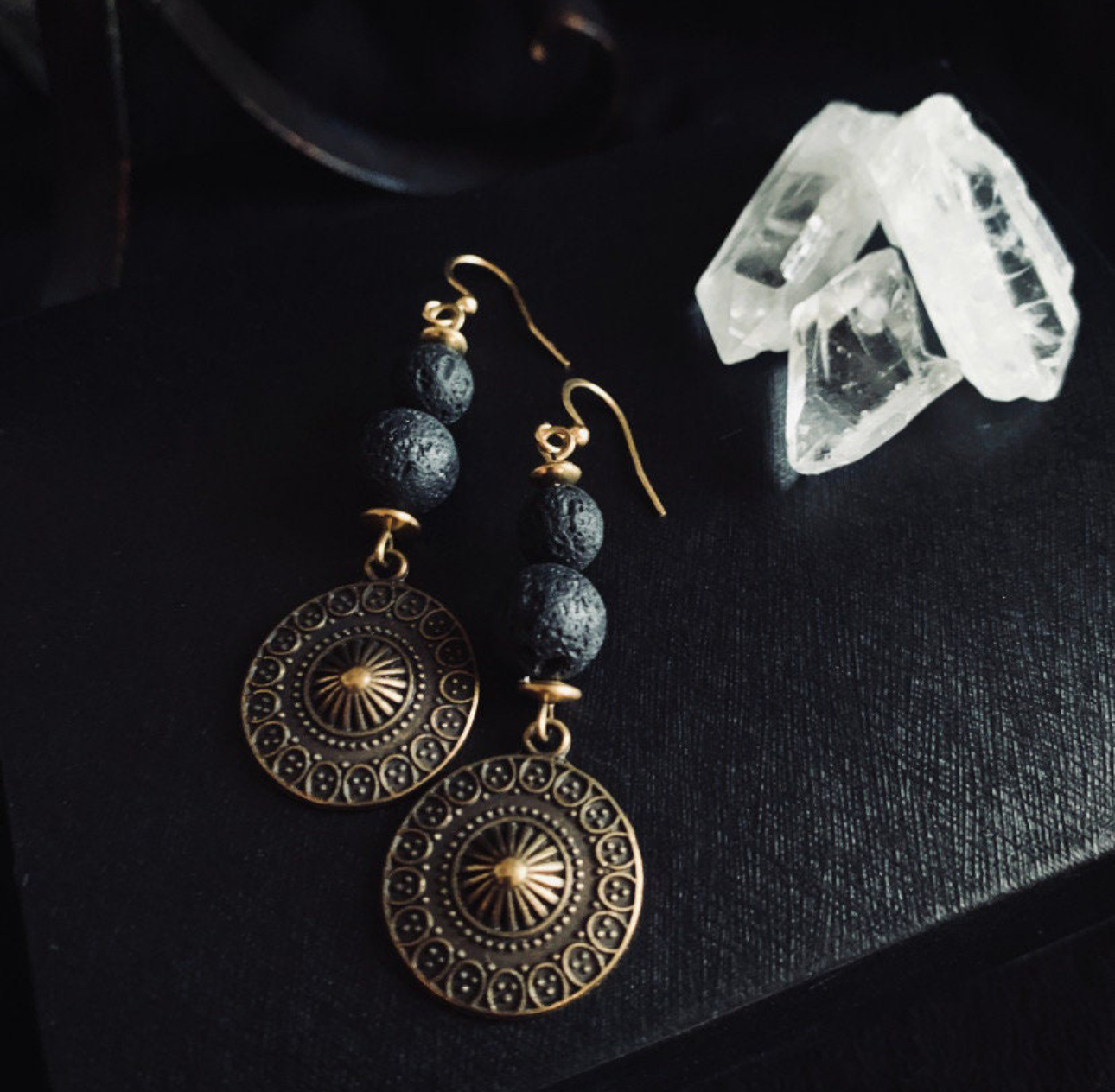 Antique earrings with lava beads, round pendant 2