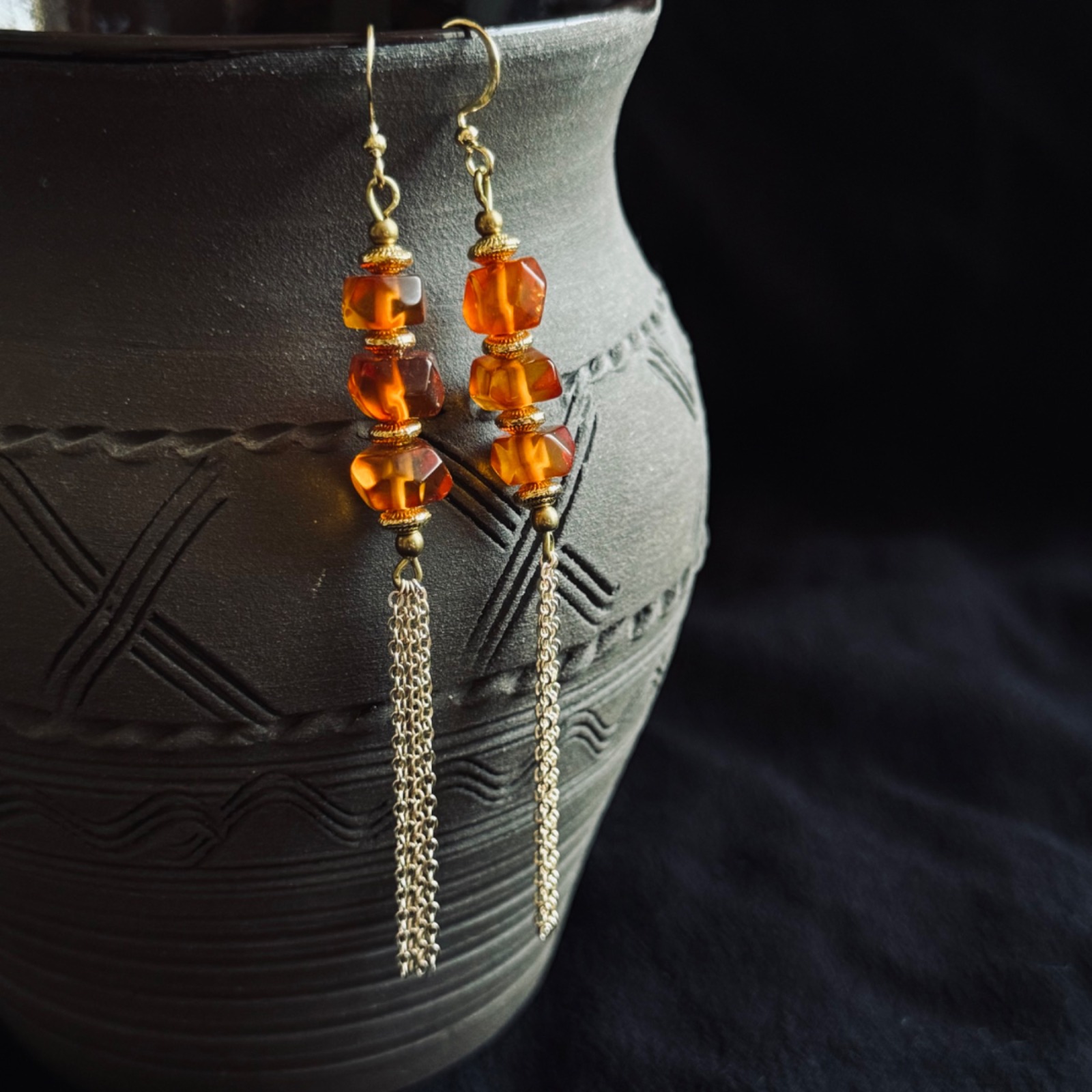 long earrings with amber, inspired by ancient cultures and Nordic legends 3