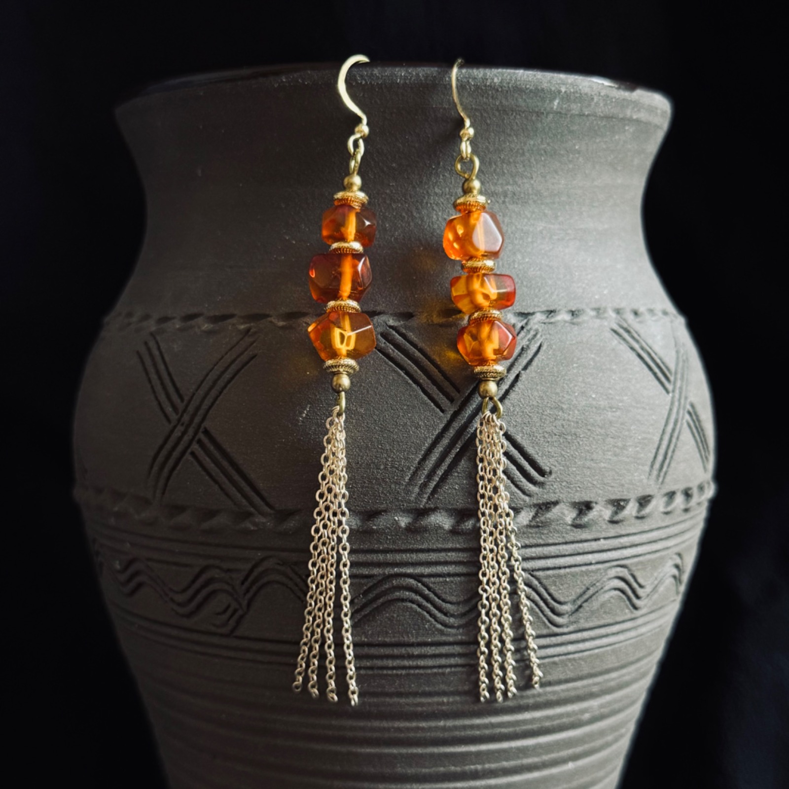 long earrings with amber, inspired by ancient cultures and Nordic legends