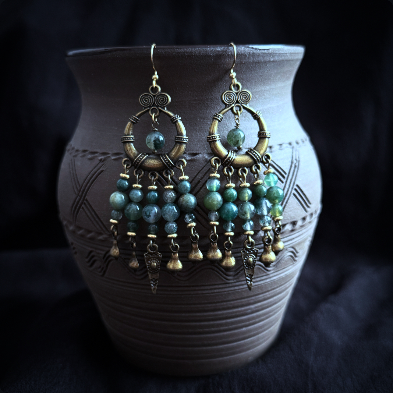 Earrings in an antique look, with moss agate