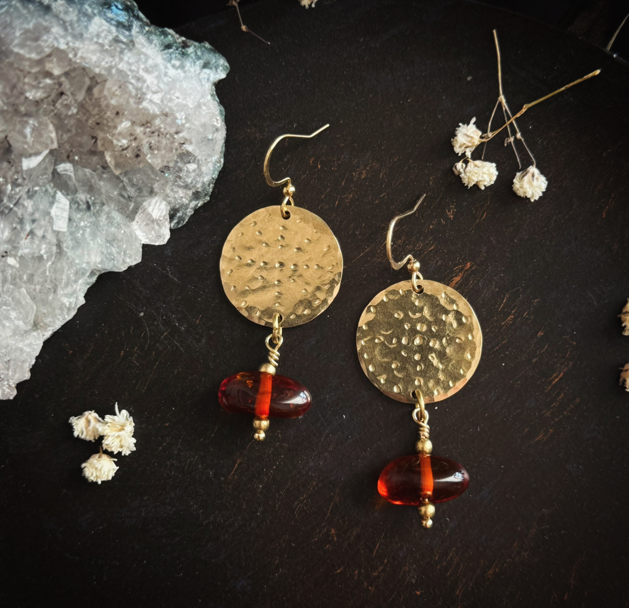 Amber earrings made of brass, hand stamped 4