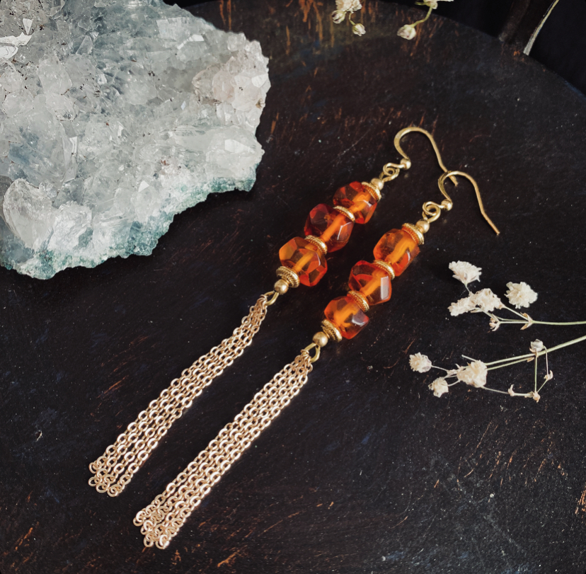 long earrings with amber, inspired by ancient cultures and Nordic legends 7