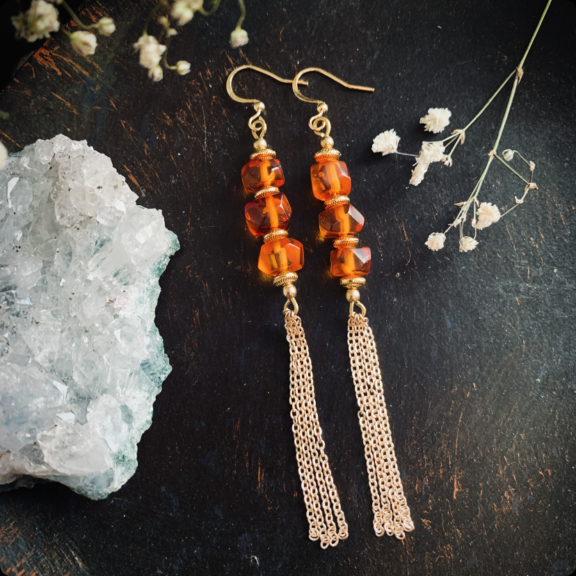 long earrings with amber, inspired by ancient cultures and Nordic legends 6