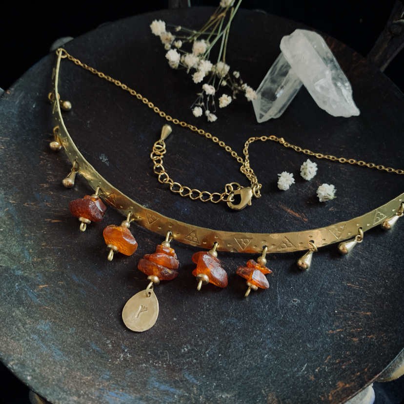 Antique necklace with raw amber and rune pendant 6