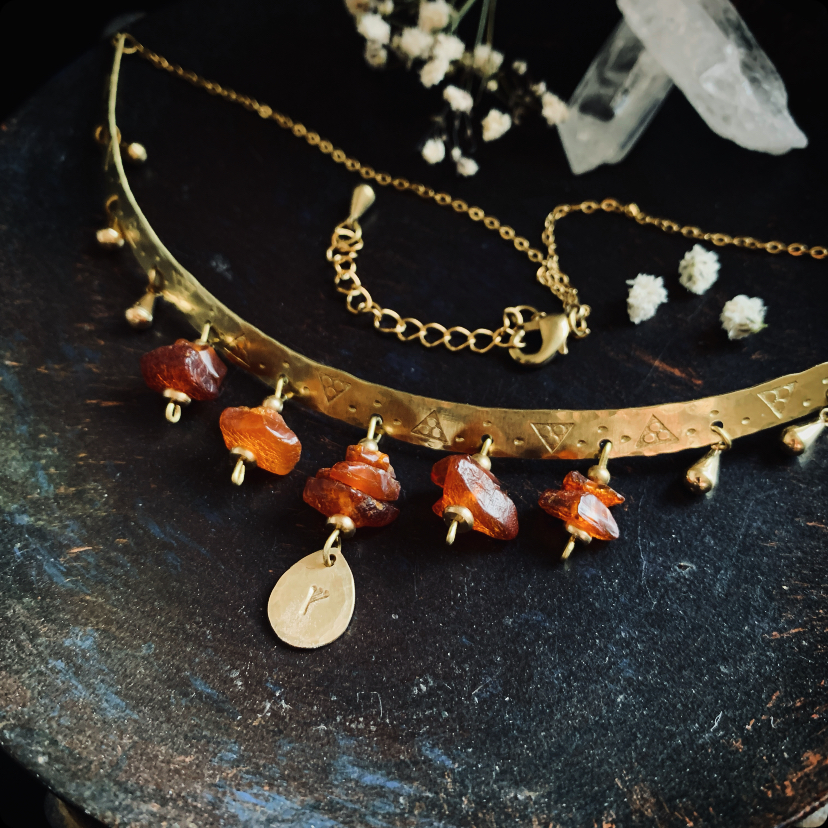 Antique necklace with raw amber and rune pendant 3