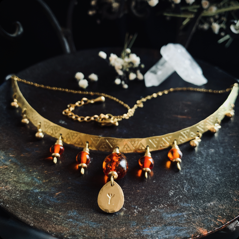 Antique necklace with polished amber and rune pendant 4