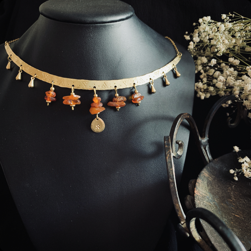 Antique necklace with raw amber and rune pendant 2