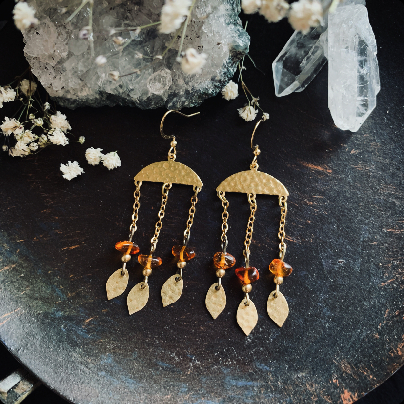 Antique brass earrings with polished amber 2