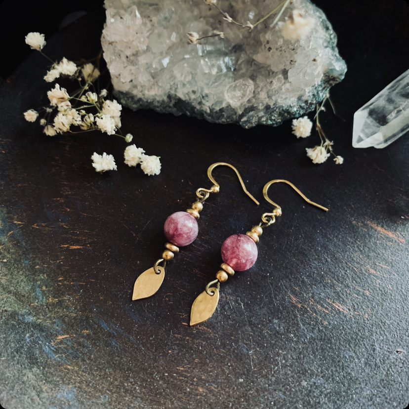 Delicate earrings made from brass, with Lepidolite