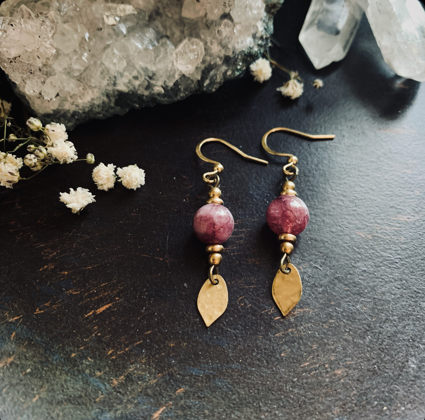 Delicate earrings made from brass, with Lepidolite 3