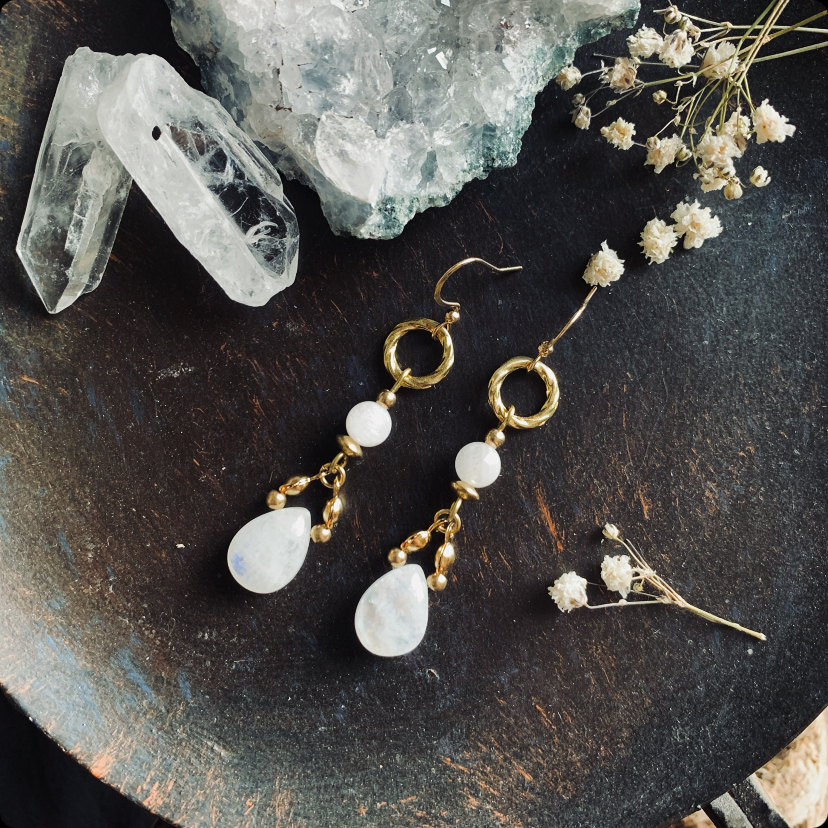 Delicate earrings with moonstone drops, made of brass