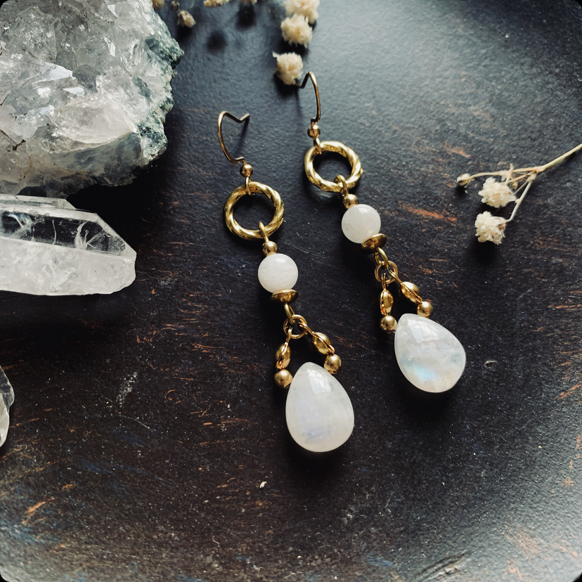 Delicate earrings with moonstone drops, made of brass 4