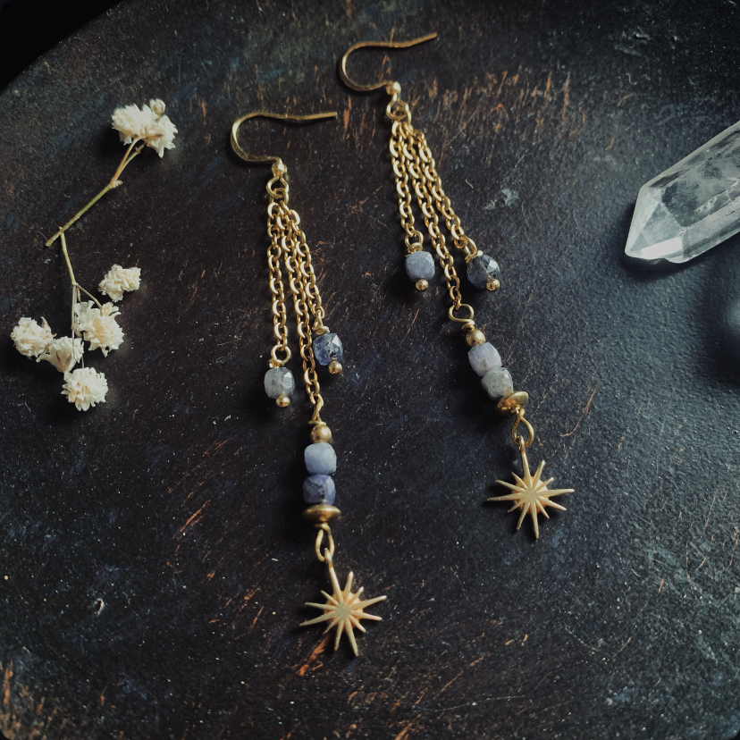 Delicate hanging earrings with northern stars and tanzanite 3