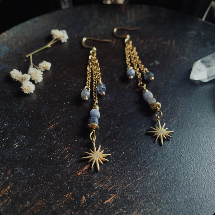 Delicate hanging earrings with northern stars and tanzanite 4