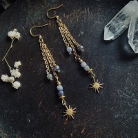 Delicate hanging earrings with northern stars and tanzanite