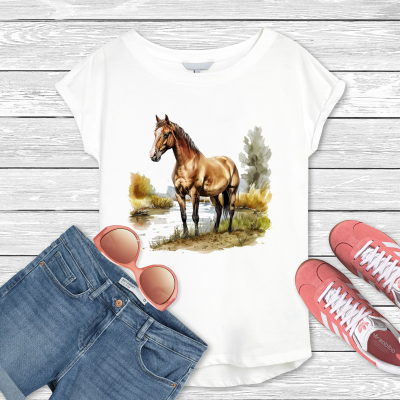 T-Shirt brown horse - weiß - Größe 12 Jahre / 142-152 cm