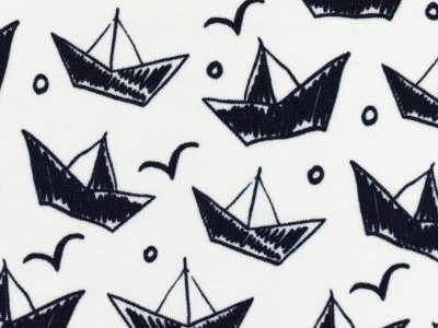 Jersey Schiffe Faltboote schwarz Theo Swafing - Kinderstoff Baumwolljersey weiß Faltschiffe schwarz