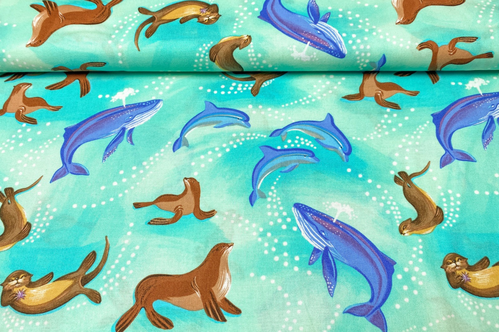 Stoff By The Sea türkis - Wal - Delfin - Otter - Seelöwe | 16,00 EUR/m 3