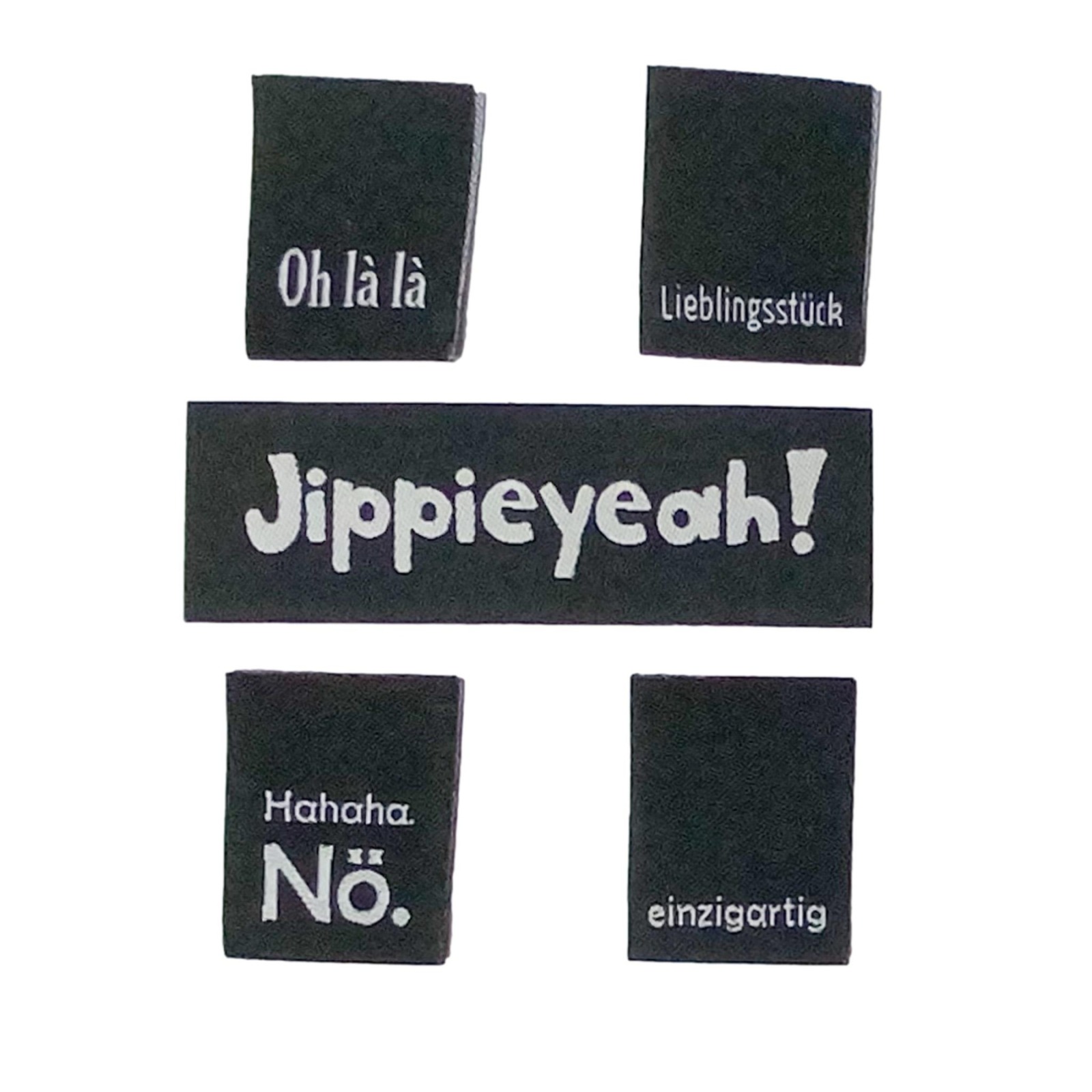 Nähetiketten - Set Jippieyeah - 5 Stück - Webetiketten - Aufnäher - verschiedene Größen - schwa