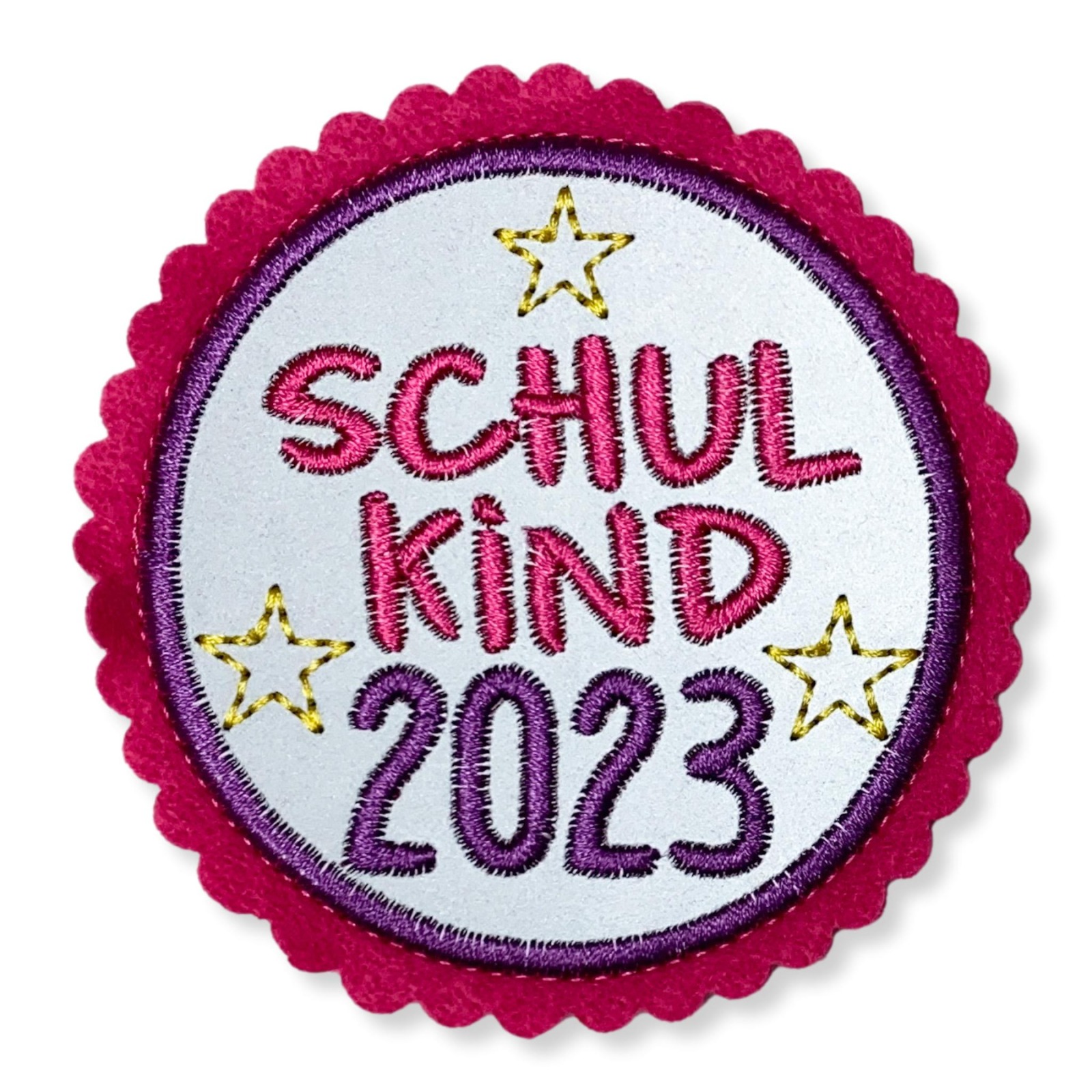 Klettie Schulkind 2023, 8cm Durchmesser, Reflektorstoff, pink, lila, Schulranzen mit Klett 2