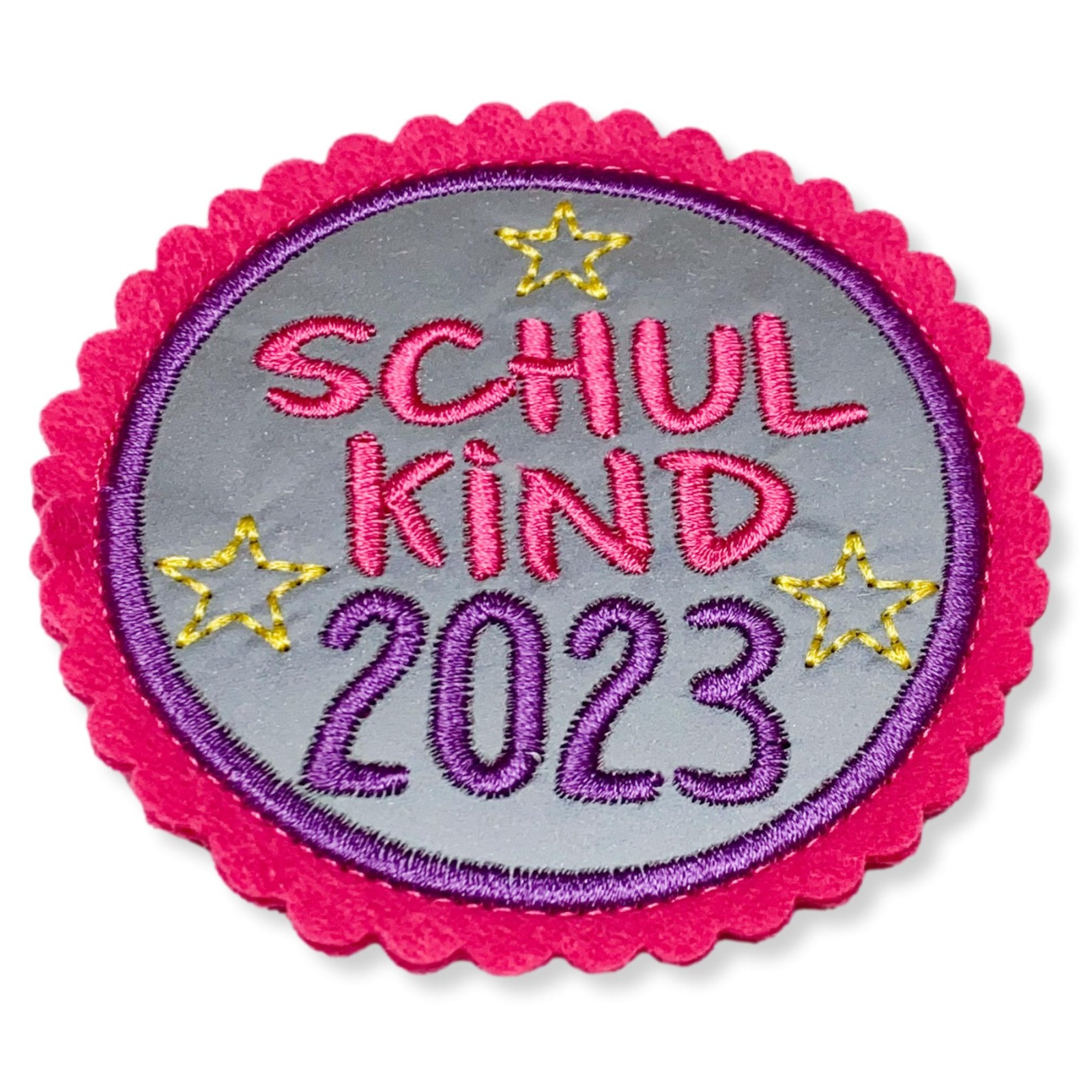 Klettie Schulkind 2023 8cm Durchmesser Reflektorstoff pink lila Schulranzen mit Klett 3