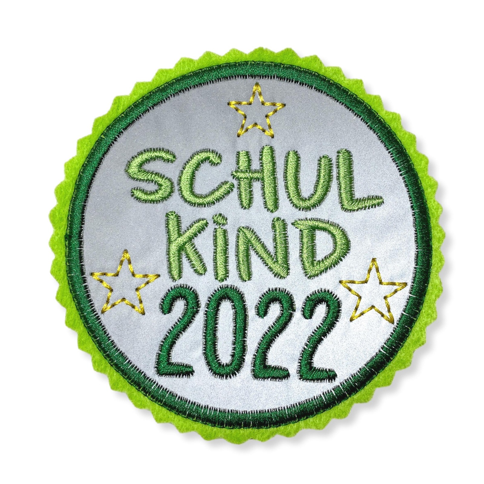 Kletti Schulkind 2022 10cm Durchmesser Reflektorstoff hellgrün dunkelgrün Einschulung Schulmappe