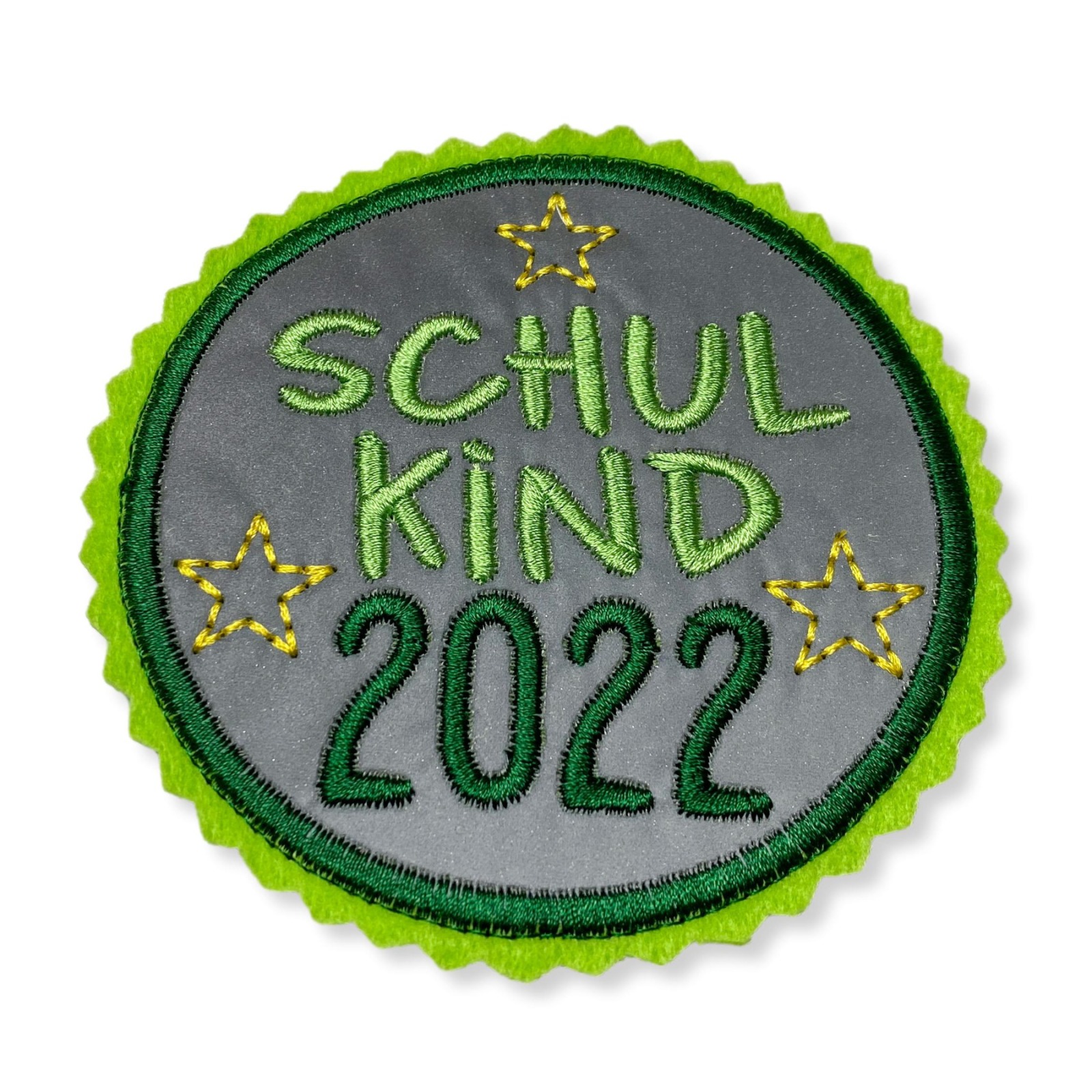Kletti Schulkind 2022 10cm Durchmesser Reflektorstoff hellgrün dunkelgrün Einschulung Schulmappe 2