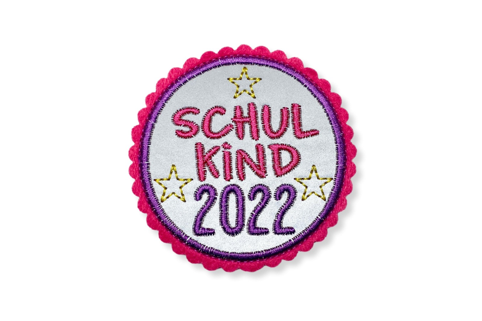 Kletti Schulkind 2022 10cm Durchmesser Reflektorstoff pink lila Einschulung für den Schulranzen 3