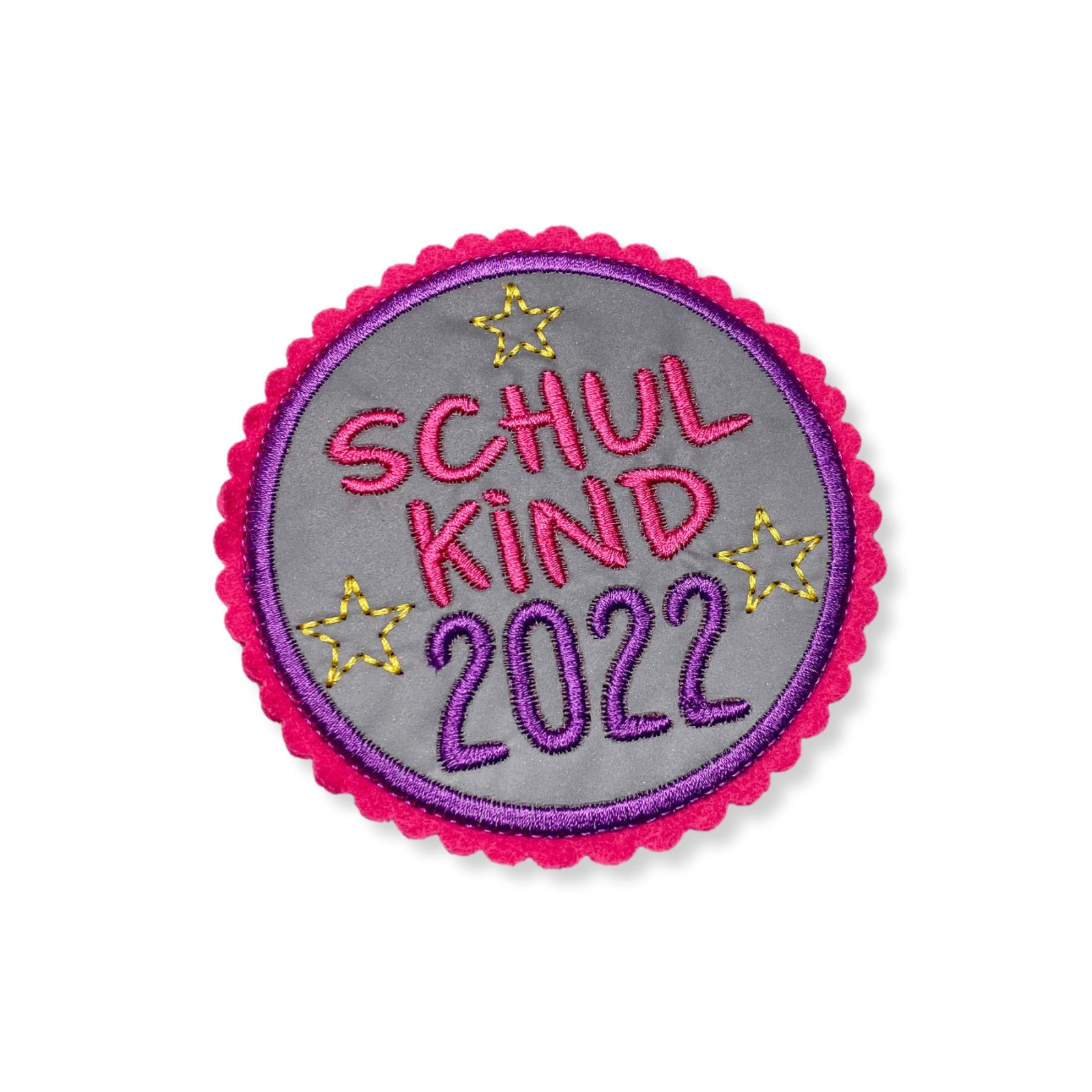 Kletti Schulkind 2022 10cm Durchmesser Reflektorstoff pink lila Einschulung für den Schulranzen 4