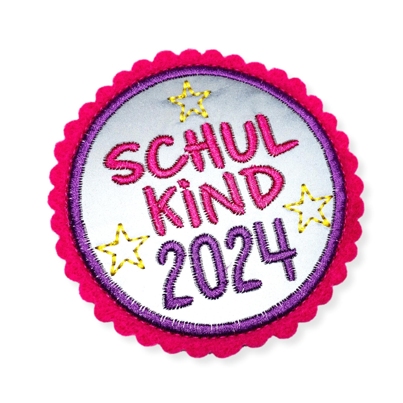 Klettie Schulkind 2024, ca. 8cm Durchmesser, Reflektorstoff, pink, lila, Schulranzen mit Klett 4