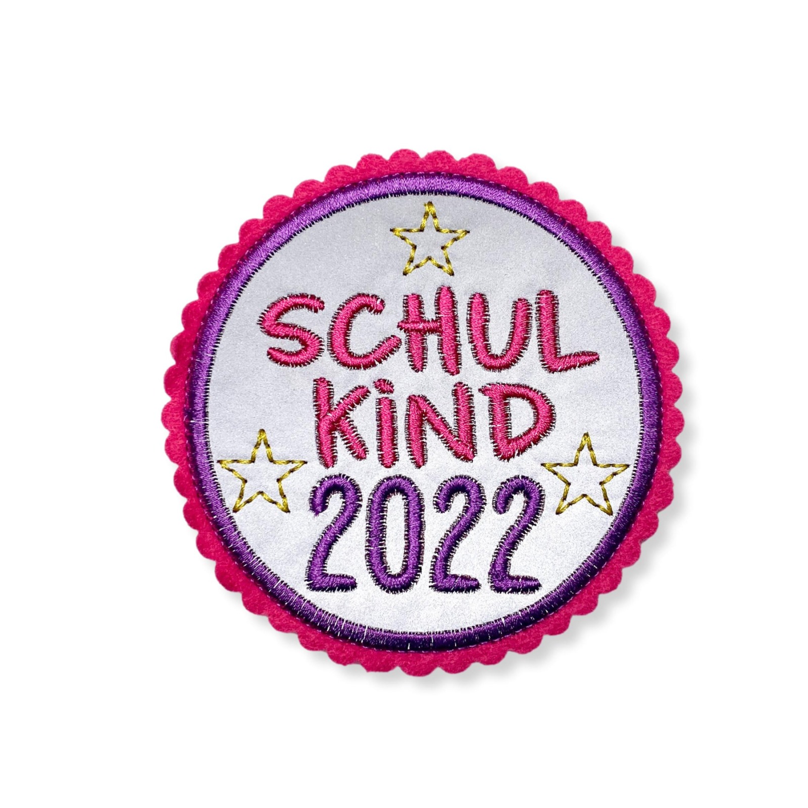 Kletti Schulkind 2022 10cm Durchmesser Reflektorstoff pink lila Einschulung für den Schulranzen 2