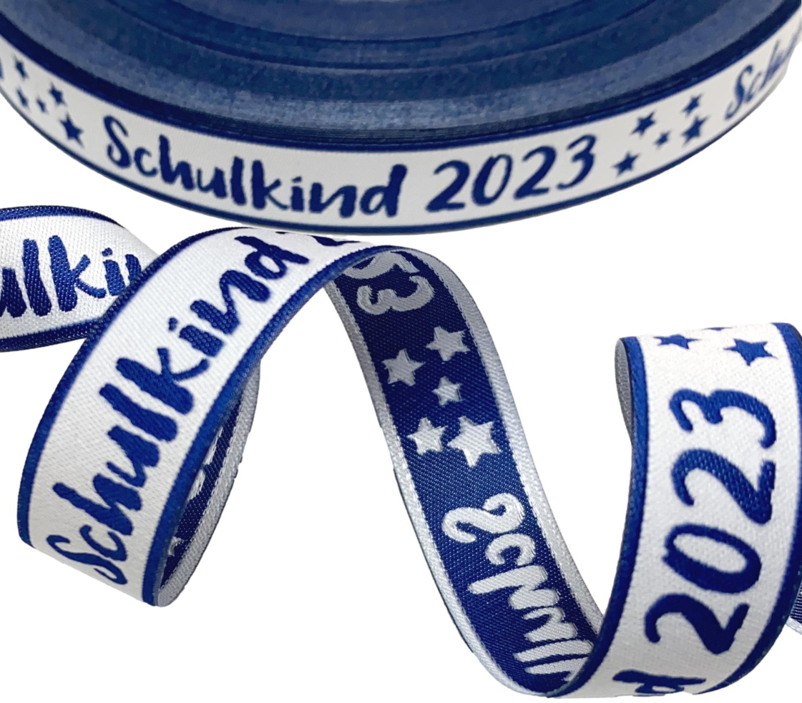 Webband Schulkind 2023 in blau für Schultüten und Einschulungsgeschenke 17 mm breit 2