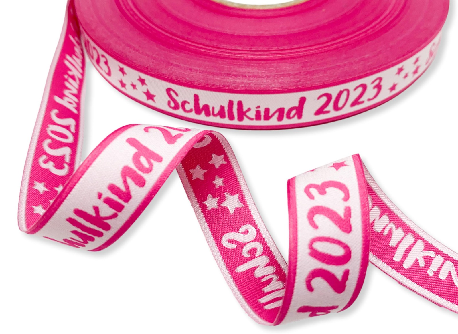 Webband Schulkind 2023 in pink für Schultüten und Einschulungsgeschenke 17 mm breit 2