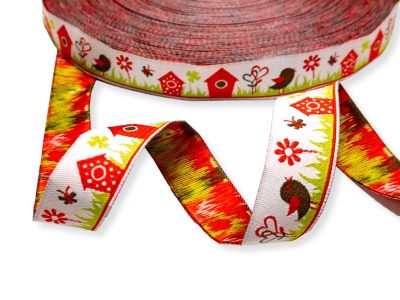 Webband Vogelhäuschen - rot - Weißes Webband mit Vögeln und Blumen in 16mm Breite