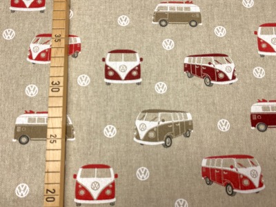 45 cm Reststück - Baumwolle VW Bus - VW Logo - leinenoptik/rot - lizenziert