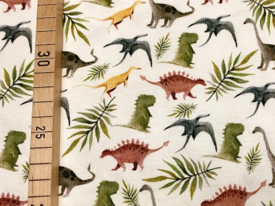 35 cm Reststück - Jersey Dinosaurier mit Pflanzen - rohweiß