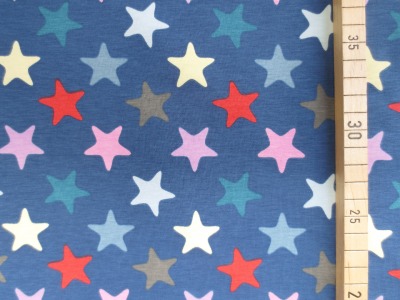 40 cm Reststück - Jersey bunte Sterne - blau - Sternenstoff