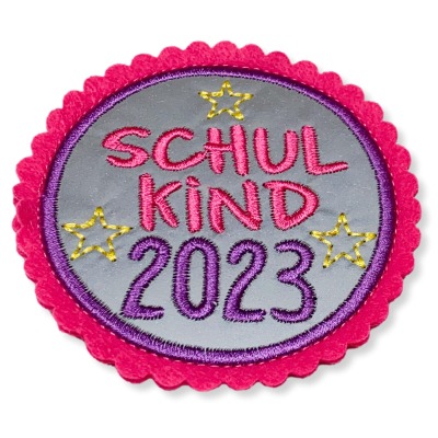 Klettie Schulkind 2023 8cm Durchmesser Reflektorstoff pink lila Schulranzen mit Klett