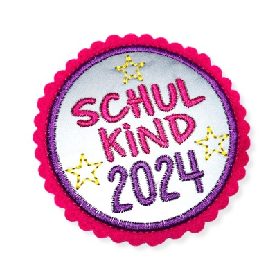 Klettie Schulkind 2024, ca. 8cm Durchmesser, Reflektorstoff, pink, lila, Schulranzen mit Klett