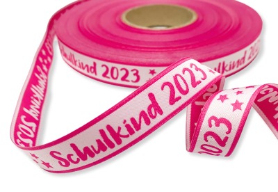 Webband Schulkind 2023 in pink für Schultüten und Einschulungsgeschenke 17 mm breit