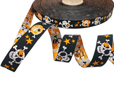 Webband Totenkopf - schwarz - silber/orange - Skull Webband von Janeas World in 15mm Breite