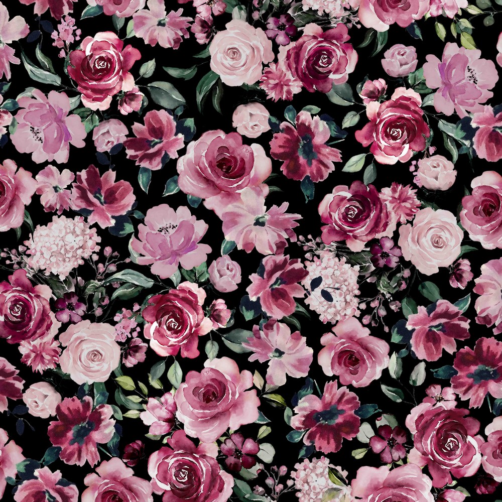 08184.001 Sweat Ganzjahressweat angerauht Digital Flowers schwarz pink rosa GOTS