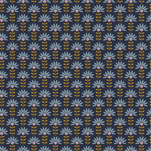 08237010 Baumwolle Stoff Blumen Flower dunkelblau hellblau senf