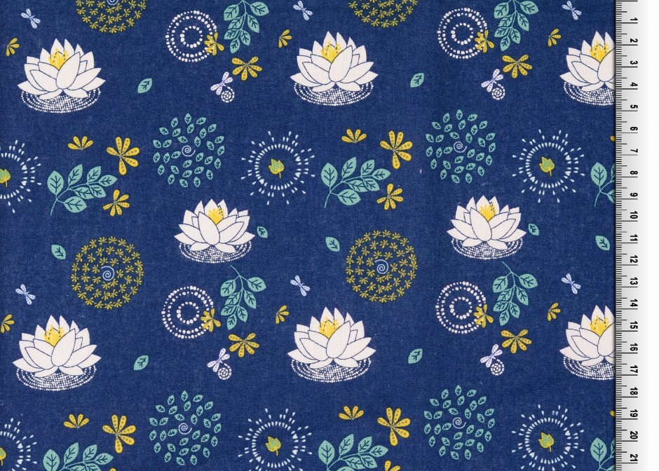 1329500001201000 Baumwolle Stoff Organic Seerose Blumen Flower blaugrundig