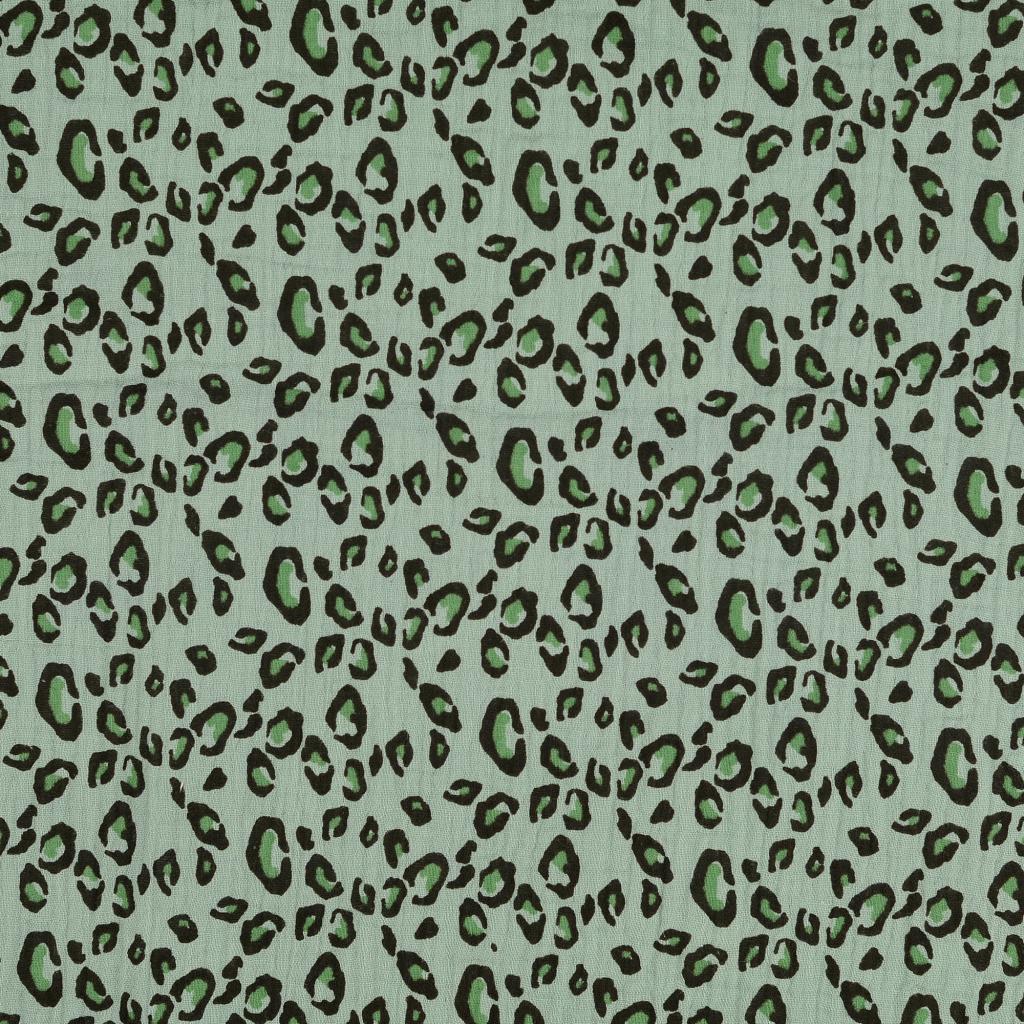 208220.0009 Baumwoll Musselin Double Gauze Leoprint mint grün schwarz